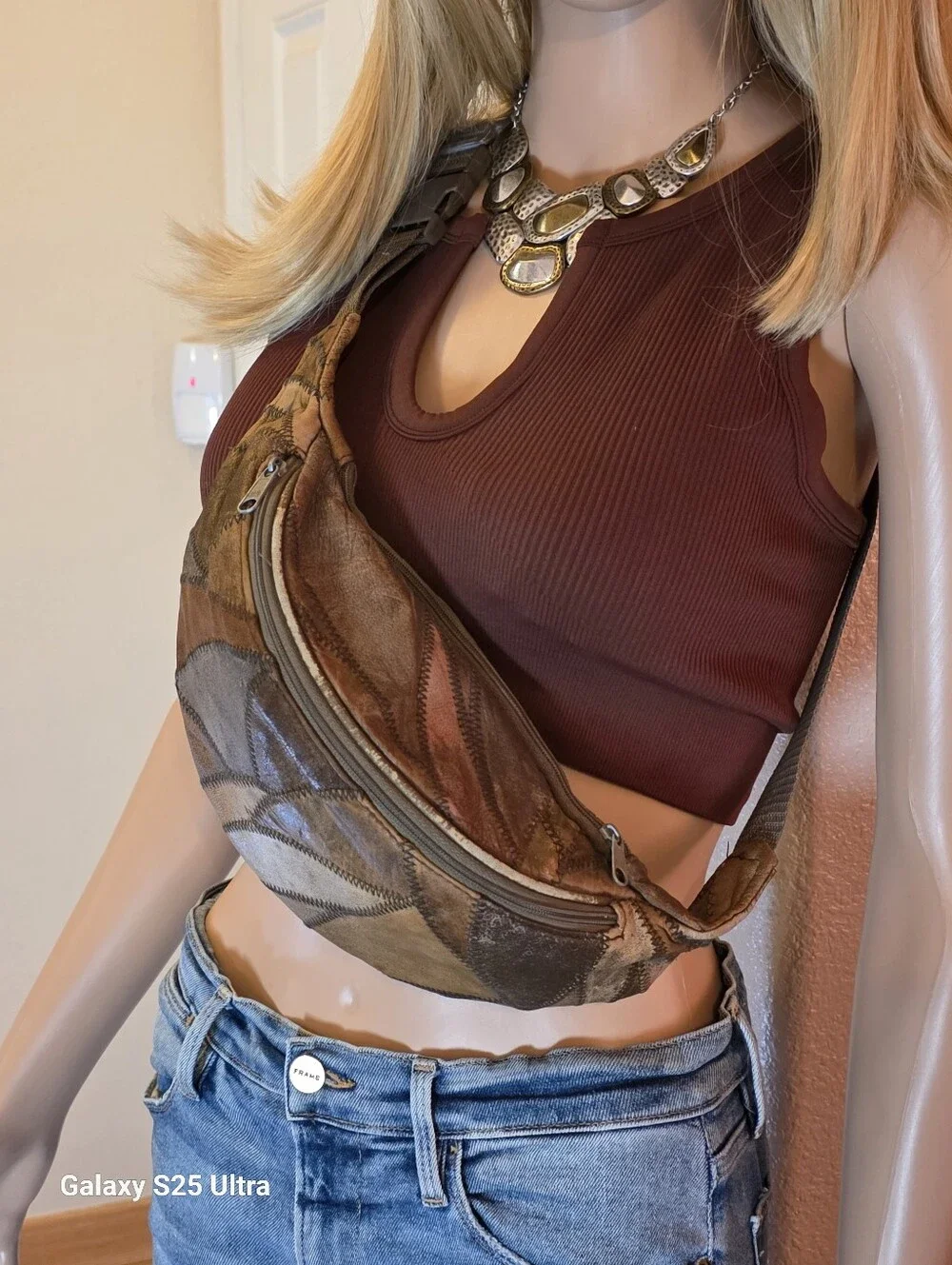 Vintage 90's Boho  Distressed Leather Patchwork Fanny Pack Sling Bag